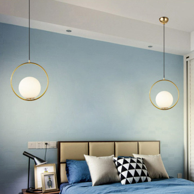 White Glass Spherical Hanging Lamp Post-Modern 1 Head Pendant Light with Metal Ring in Brass