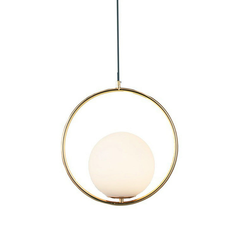 White Glass Spherical Hanging Lamp Post-Modern 1 Head Pendant Light with Metal Ring in Brass