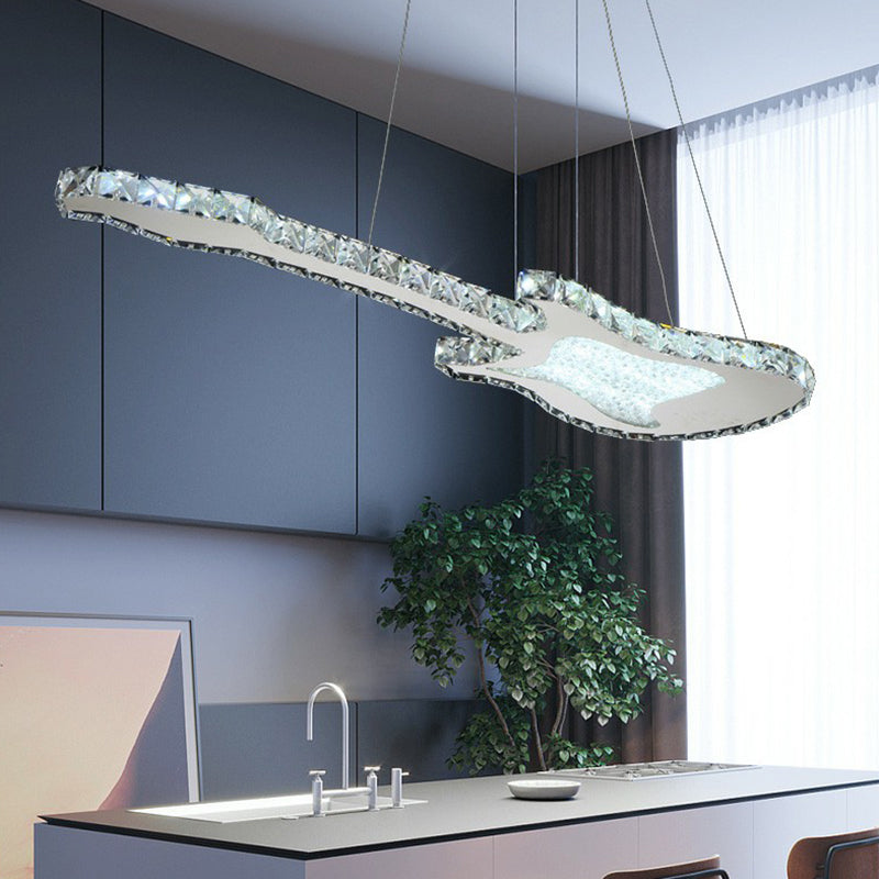 Minimalist Creative Guitar Shaped Pendant Lamp Cut-Crystal Dining Room Chandelier Light in Clear