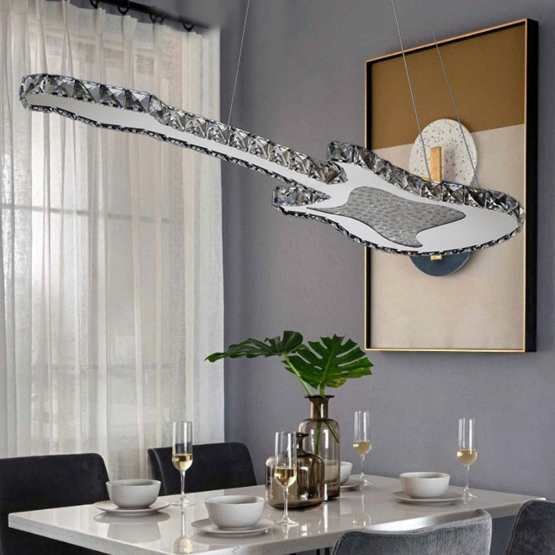 Minimalist Creative Guitar Shaped Pendant Lamp Cut-Crystal Dining Room Chandelier Light in Clear