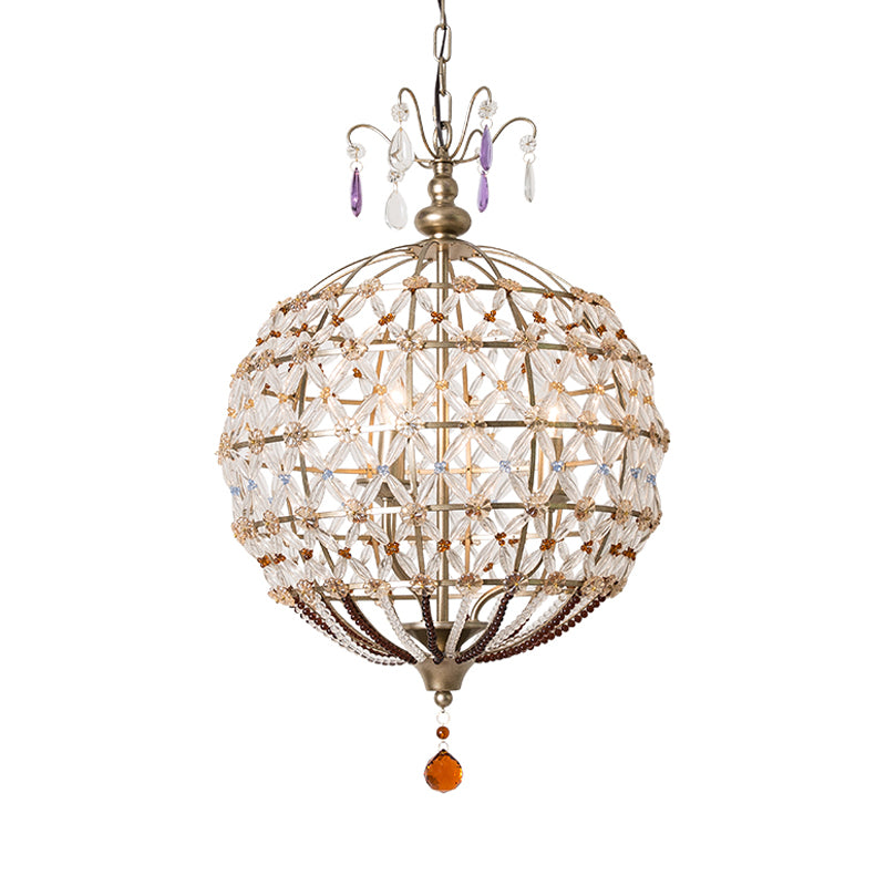 Champagne Globe Frame Chandelier Light Traditional Metal 4 Lights Dining Room Hanging Light with Crystal Accent