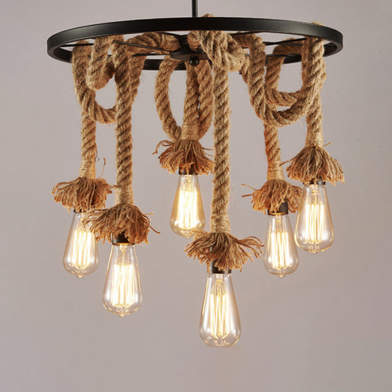 Brown Open Bulb Design Chandelier Rural Rope 6-Light Restaurant Hanging Lamp with Wheel Deco