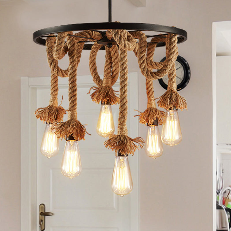 Brown Open Bulb Design Chandelier Rural Rope 6-Light Restaurant Hanging Lamp with Wheel Deco