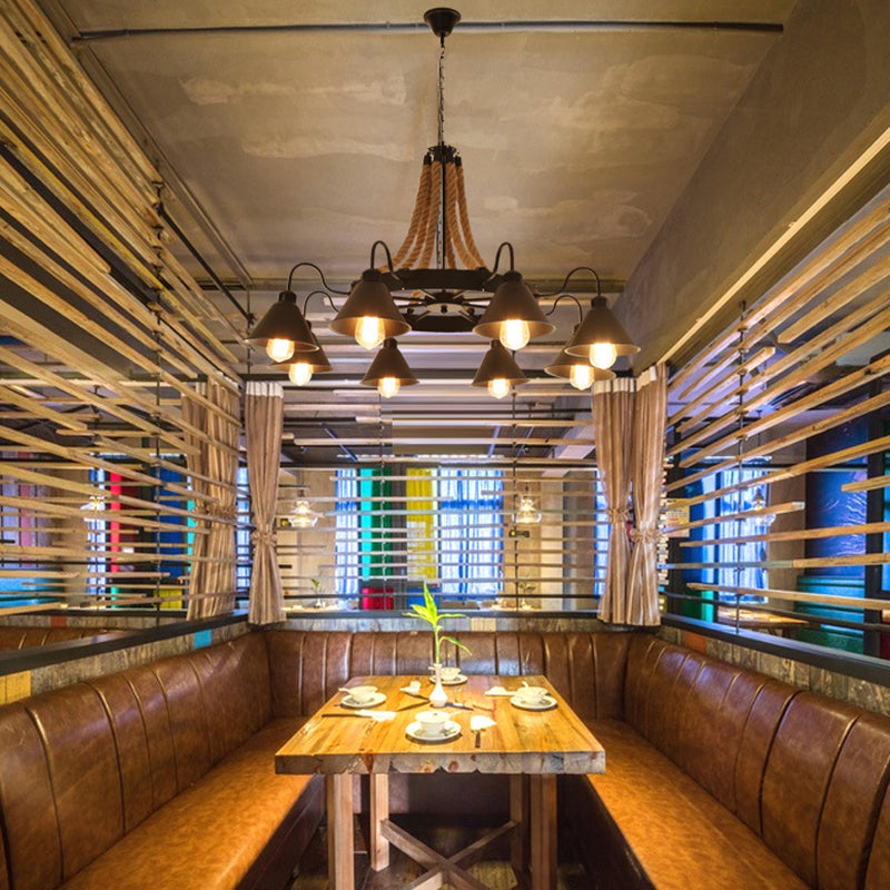 Conical Chandelier Light Industrial Black Iron Suspension Lighting with Wheel and Hemp Decoration