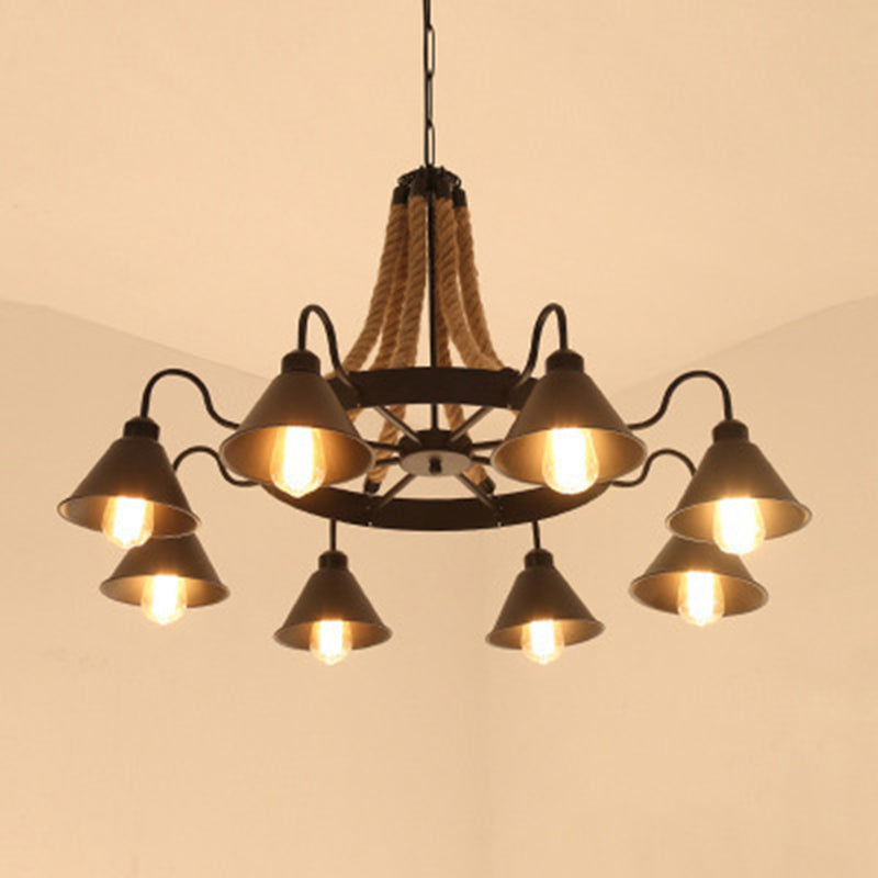 Conical Chandelier Light Industrial Black Iron Suspension Lighting with Wheel and Hemp Decoration