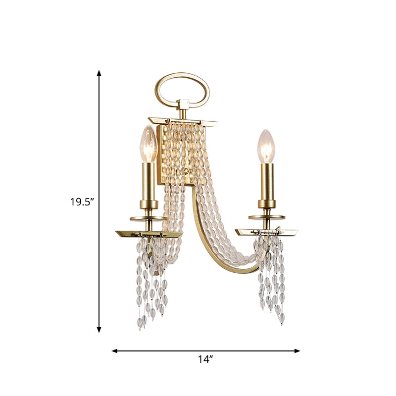 Metal Candle Wall Sconce Lighting Modern Luxurious 2-Head Gold Wall Light with Crystal Tassel