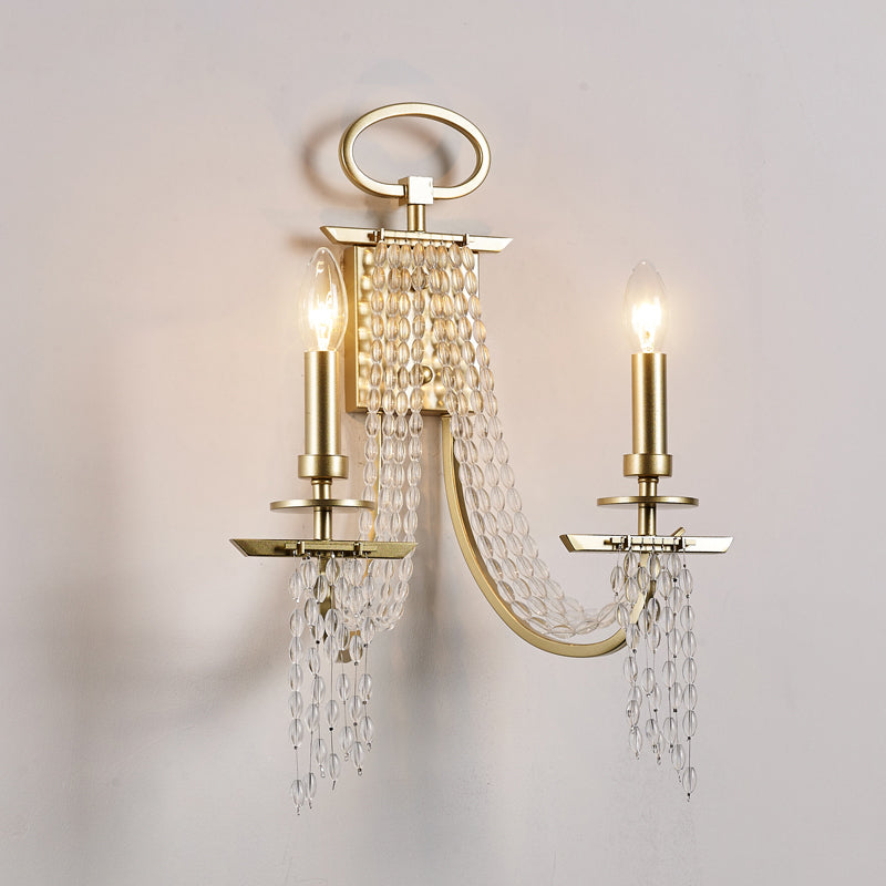 Metal Candle Wall Sconce Lighting Modern Luxurious 2-Head Gold Wall Light with Crystal Tassel