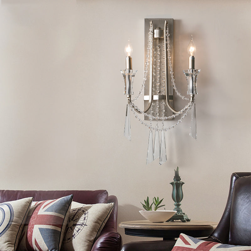 Franse landstijl kaarslandlamp 2-bulb metalen wandlamp met kristallen in geborsteld zilver