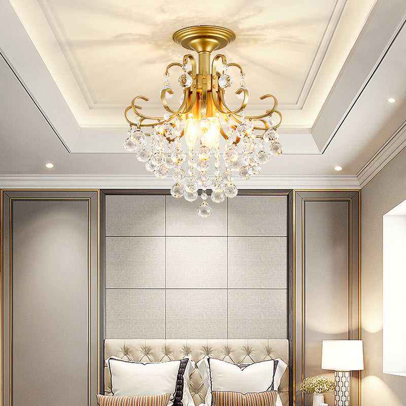 3 Bulbs Ceiling Lighting Vintage Swirl Metal Semi Flush Mounted Light with Crystal Orbs