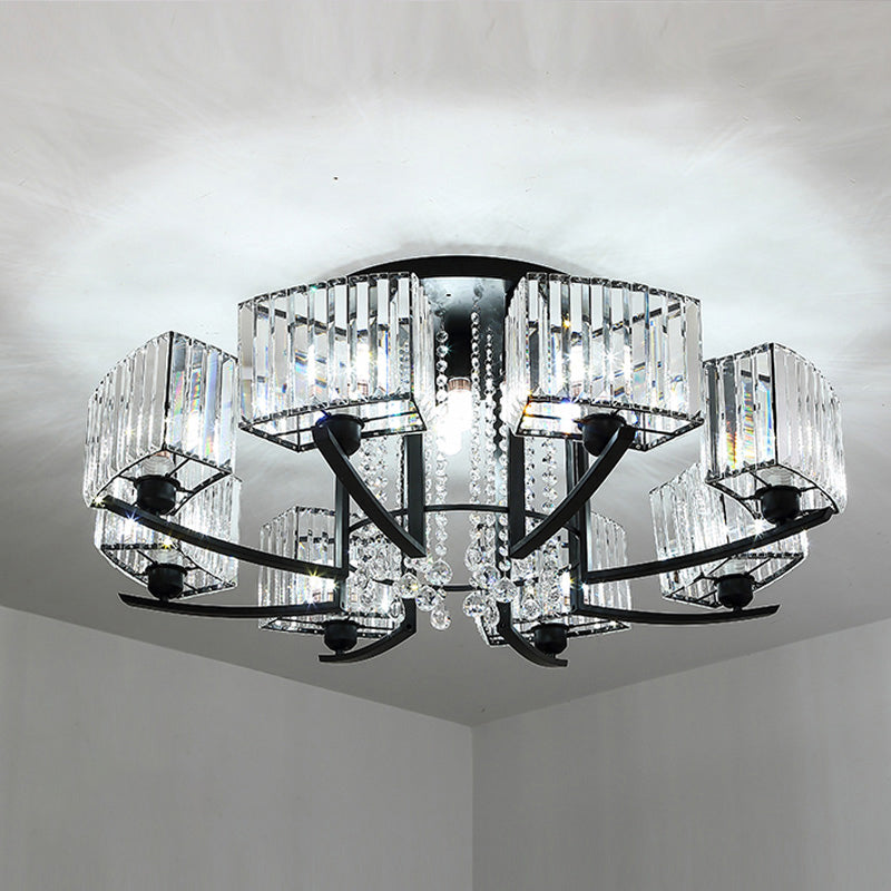 Round Living Room Ceiling Lamp Retro Crystal Block Black Semi Flush Mount Lighting