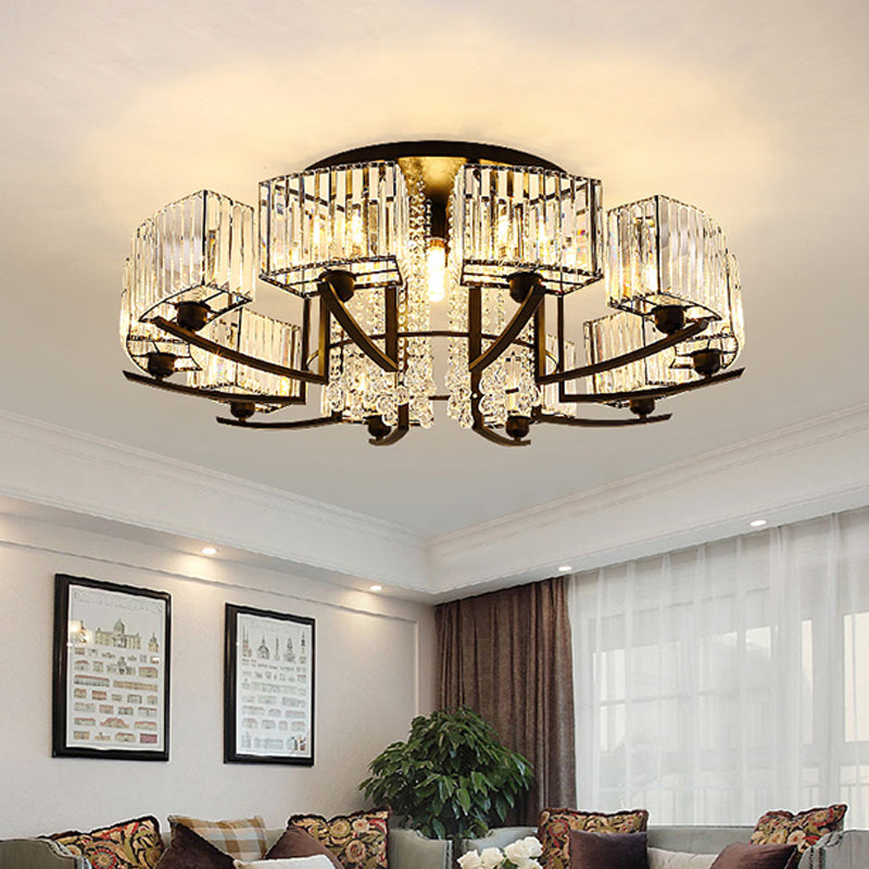 Round Living Room Ceiling Lamp Retro Crystal Block Black Semi Flush Mount Lighting