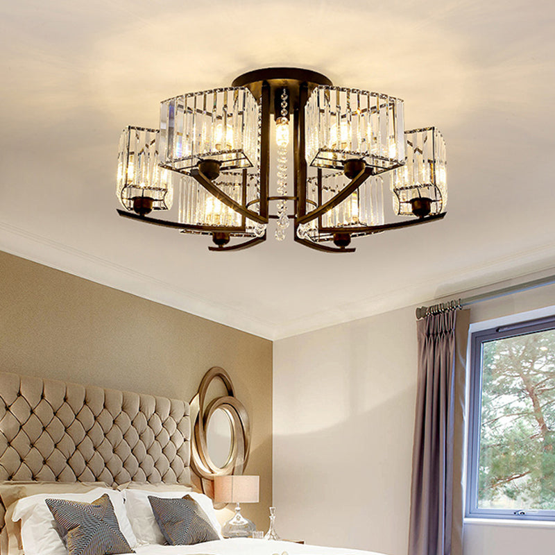 Round Living Room Ceiling Lamp Retro Crystal Block Black Semi Flush Mount Lighting