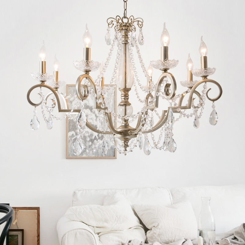 Aged Silver Candle Chandelier Rustic Crystal Living Room Suspension Light with Swirled Arm
