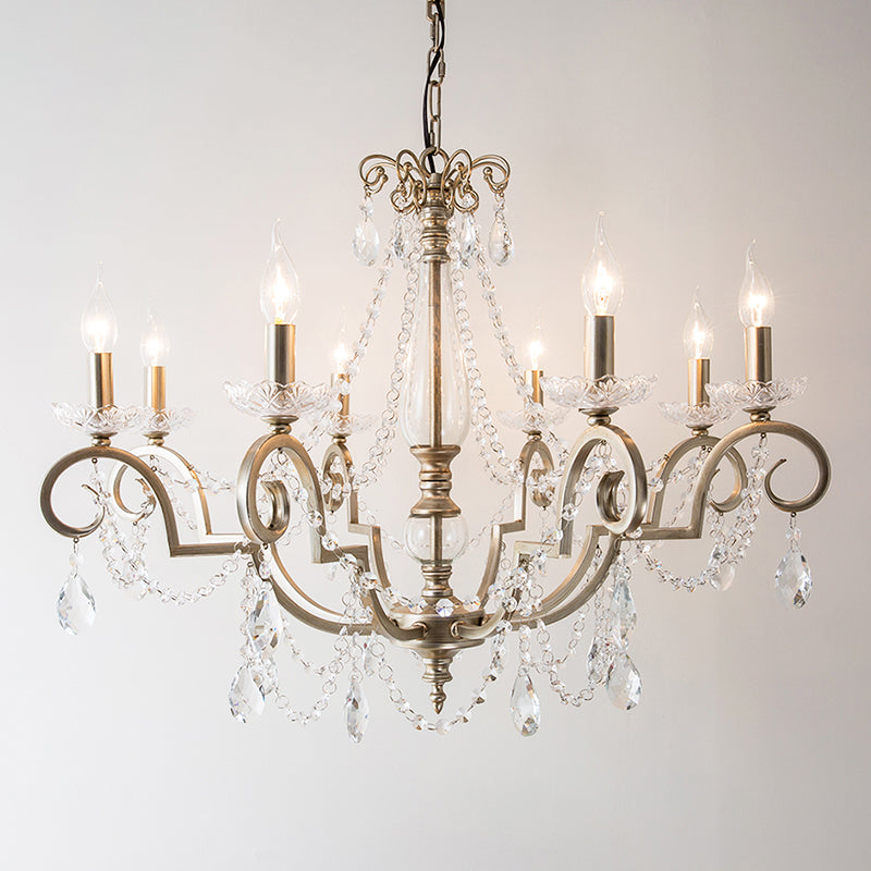 Aged Silver Candle Chandelier Rustic Crystal Living Room Suspension Light with Swirled Arm