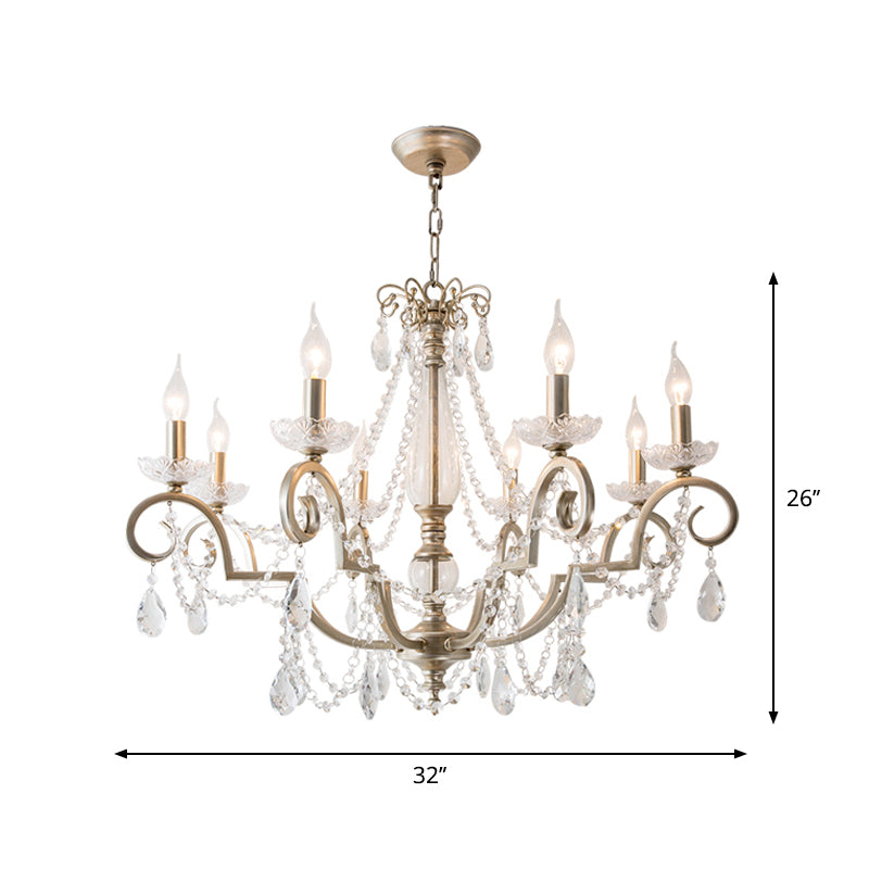 Aged Silver Candle Chandelier Rustic Crystal Living Room Suspension Light with Swirled Arm