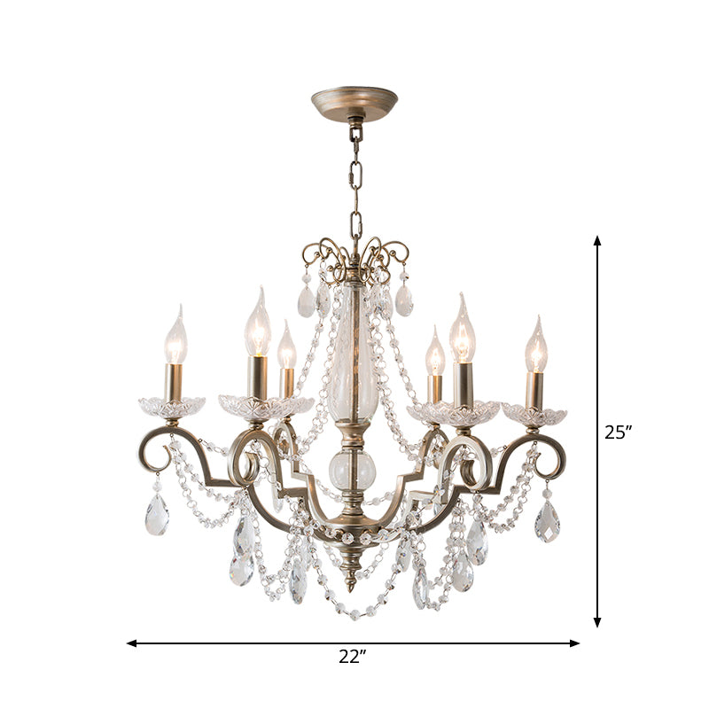 Aged Silver Candle Chandelier Rustic Crystal Living Room Suspension Light with Swirled Arm