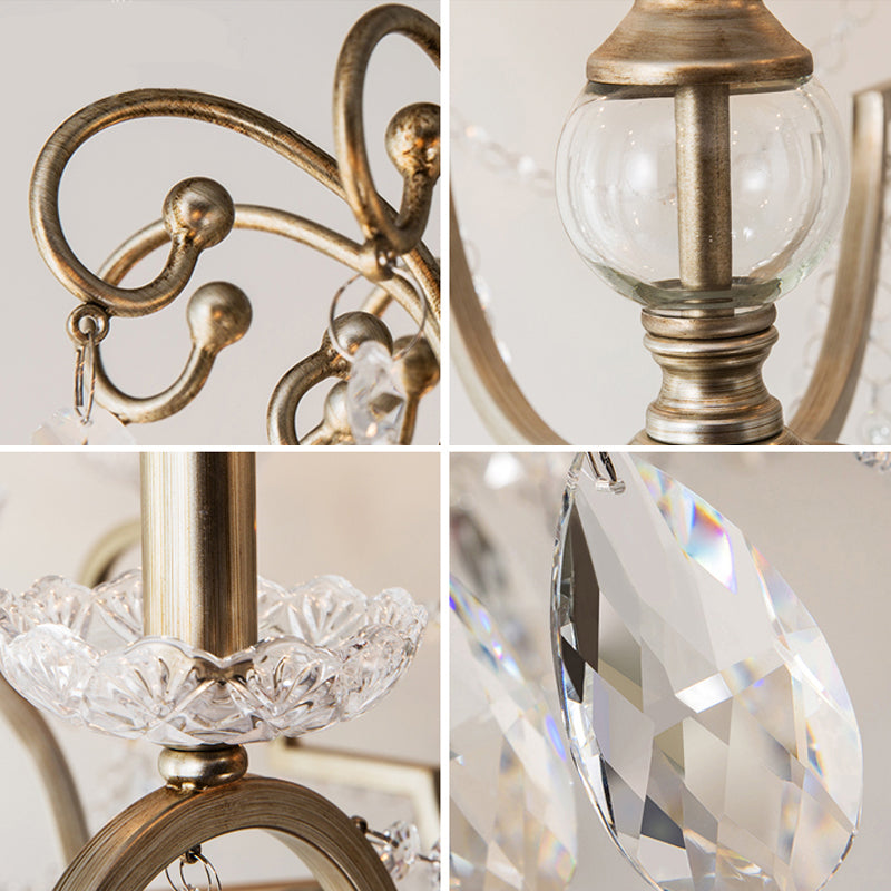 Aged Silver Candle Chandelier Rustic Crystal Living Room Suspension Light with Swirled Arm