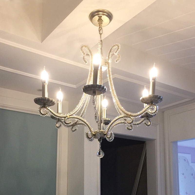Nickel Finish 6-Bulb Ceiling Pendant Light Traditional Metal Candle Chandelier with Crystal Bead