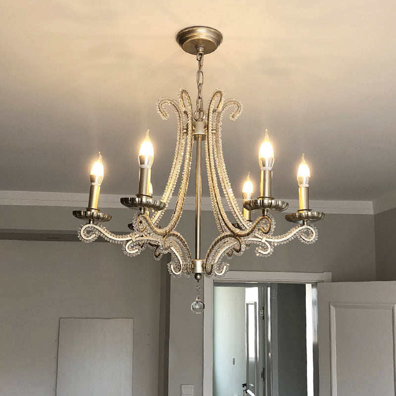 Nickel Finish 6-Bulb Ceiling Pendant Light Traditional Metal Candle Chandelier with Crystal Bead