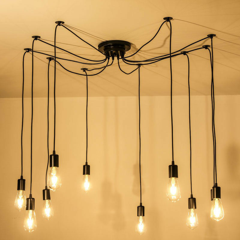Black Naked Bulb Pendant Light Industrial Metal 10 Heads Garage Swag Hanging Lamp