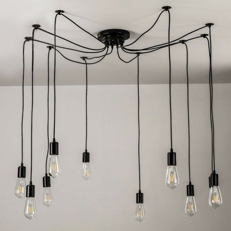 Black Naked Bulb Pendant Light Industrial Metal 10 Heads Garage Swag Hanging Lamp