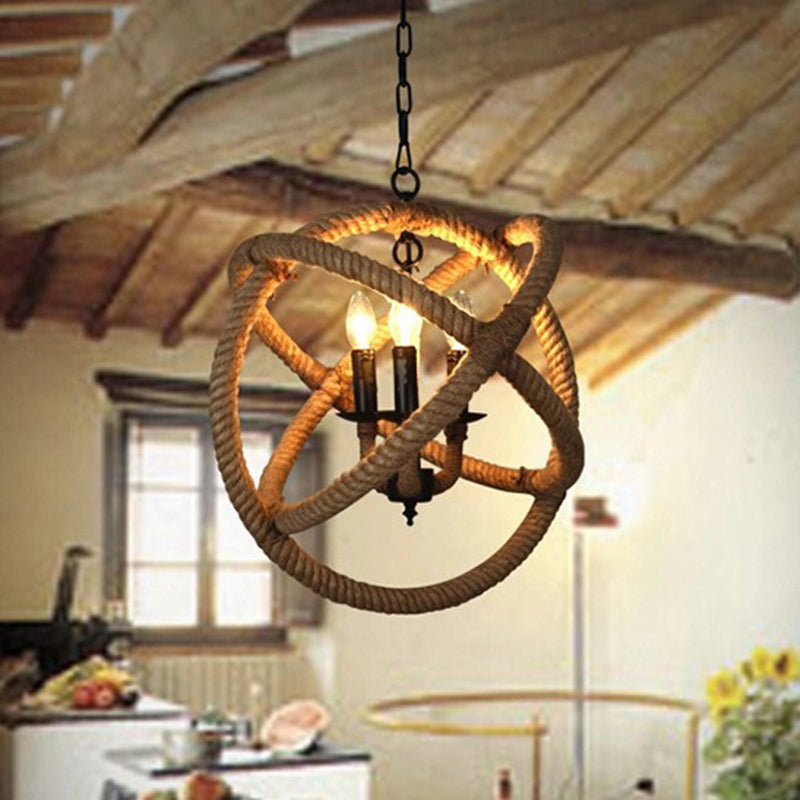 White Orbit Globe Pendant Chandelier Farmhouse Hemp Rope 3 Bulbs Dining Room Ceiling Light