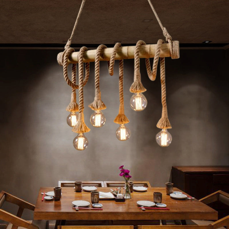 Linear Bar Island Lighting Country Hemp Rope 6 Bulbs Brown Pendant Lighting with Bamboo Stick