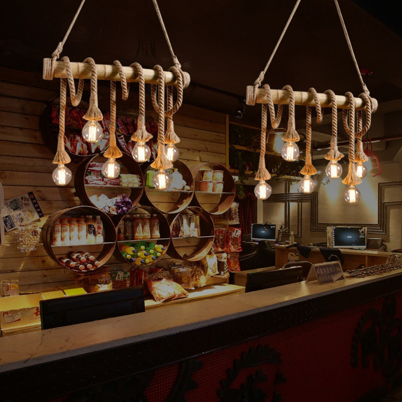 Linear Bar Island Lighting Country Hemp Rope 6 Bulbs Brown Pendant Lighting with Bamboo Stick