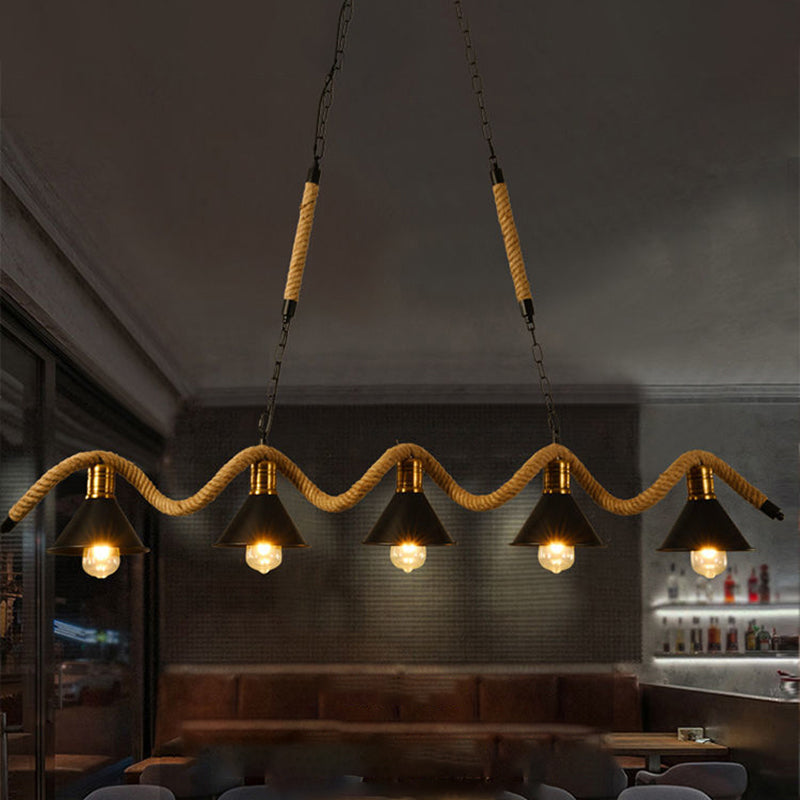 Metal Conical Island Ceiling Light Industrial Style Bar Pendant Lamp with Wavy Hemp Rope in Black