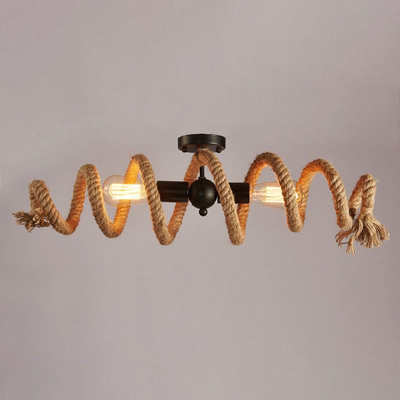 2 Heads Spiral Ceiling Mount Light Industrial Brown Rope Semi Flush Mount Light for Dining Room