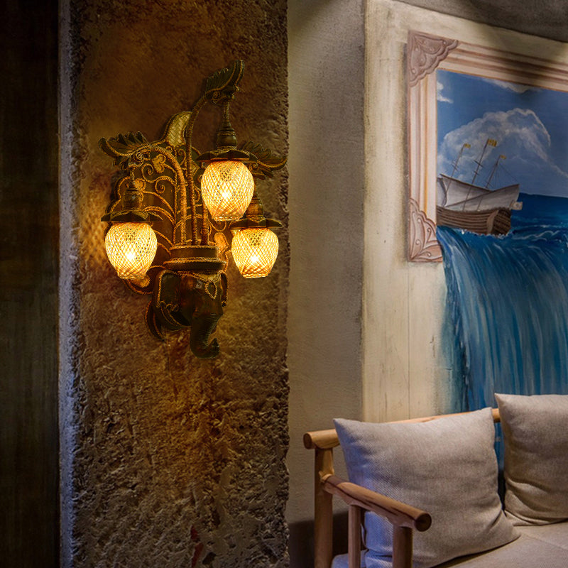 Wall Lighting Fixture Country Stairway Wall Sconce with Melon Bamboo Shade in Brown