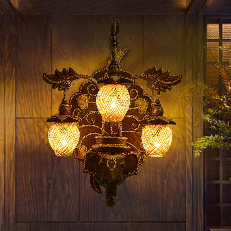 Wall Lighting Fixture Country Stairway Wall Sconce with Melon Bamboo Shade in Brown