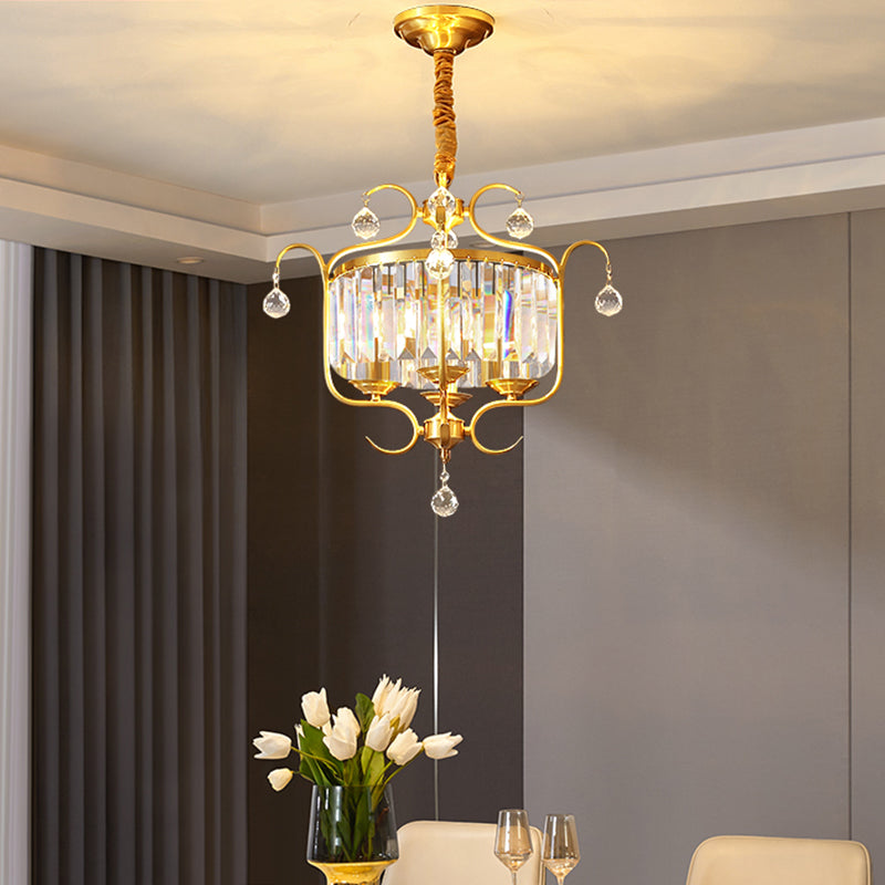 Gold Drum Shaped Suspension Lighting Traditional Crystal 4-Bulb Restaurant Chandelier Light