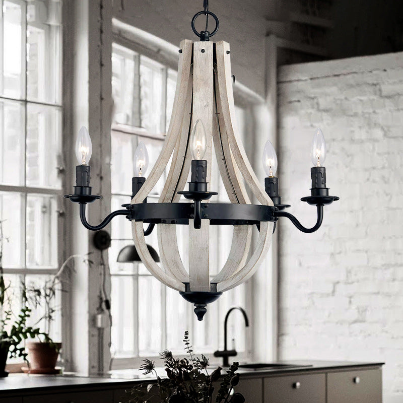 Wood Empire Chandelier Lamp Traditional 5 Lights Dining Room Ceiling Lamp with Black Arm
