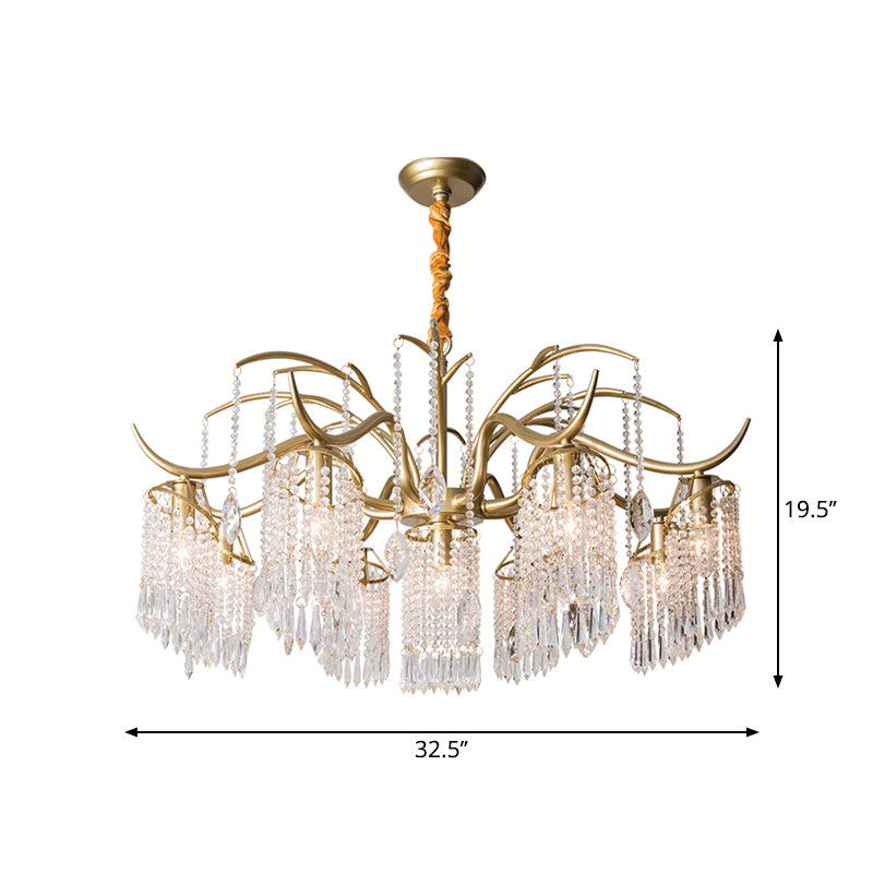Gold Finish Chandelier Lamp Antique Crystal Tassel Hanging Light Fixture for Bedroom