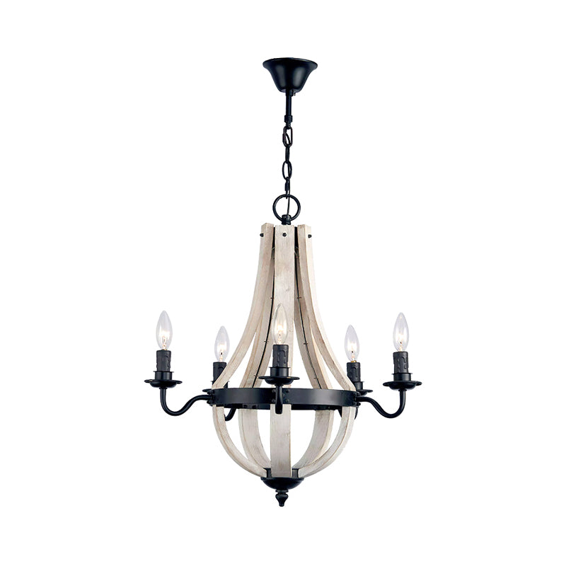 Wood Empire Chandelier Lamp Traditional 5 Lights Dining Room Ceiling Lamp with Black Arm