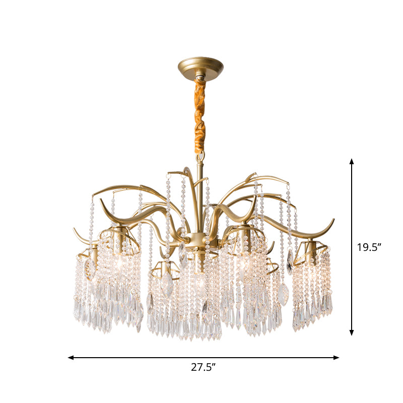 Gold Finish Chandelier Lamp Antique Crystal Tassel Hanging Light Fixture for Bedroom