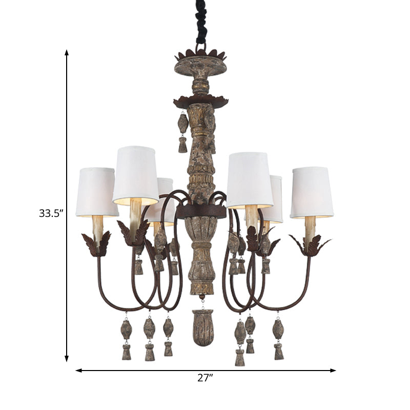 Tapered Fabric Chandelier Lamp Vintage 6 Lights Bedroom Hanging Light Fixture in Black with Wood Drop