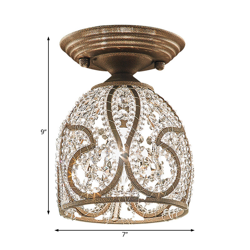 Plafonnier semi-encastré pour couloir, dôme, cristal rustique et métal, 1 lumière, bronze