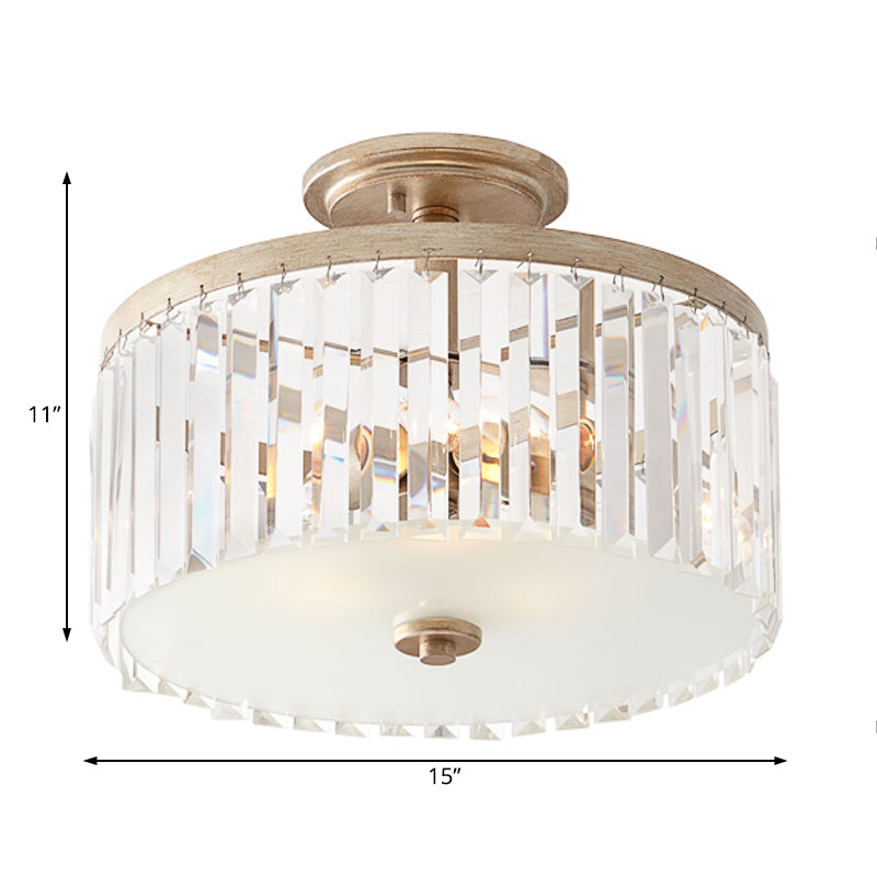 3 Lights Clear Crystal Block Ceiling Light Vintage Drum Bedroom Semi Flush Mounted Light