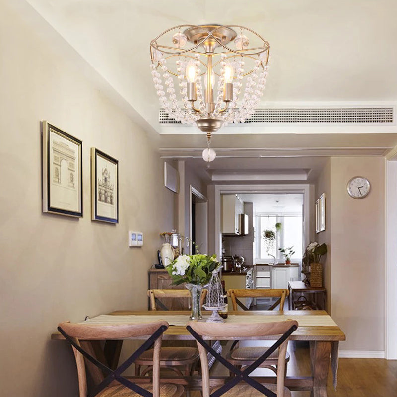 Candle Hallway Semi Flush Light Traditional Metal 3 Lights Gold Ceiling Light with Crystal Strand