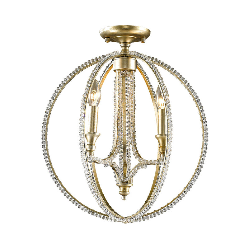 Orb Metal Semi Flush Mount Leichte rustikale 3 Leuchten Esszimmer Deckenleuchte mit Kristallakzent im Messing