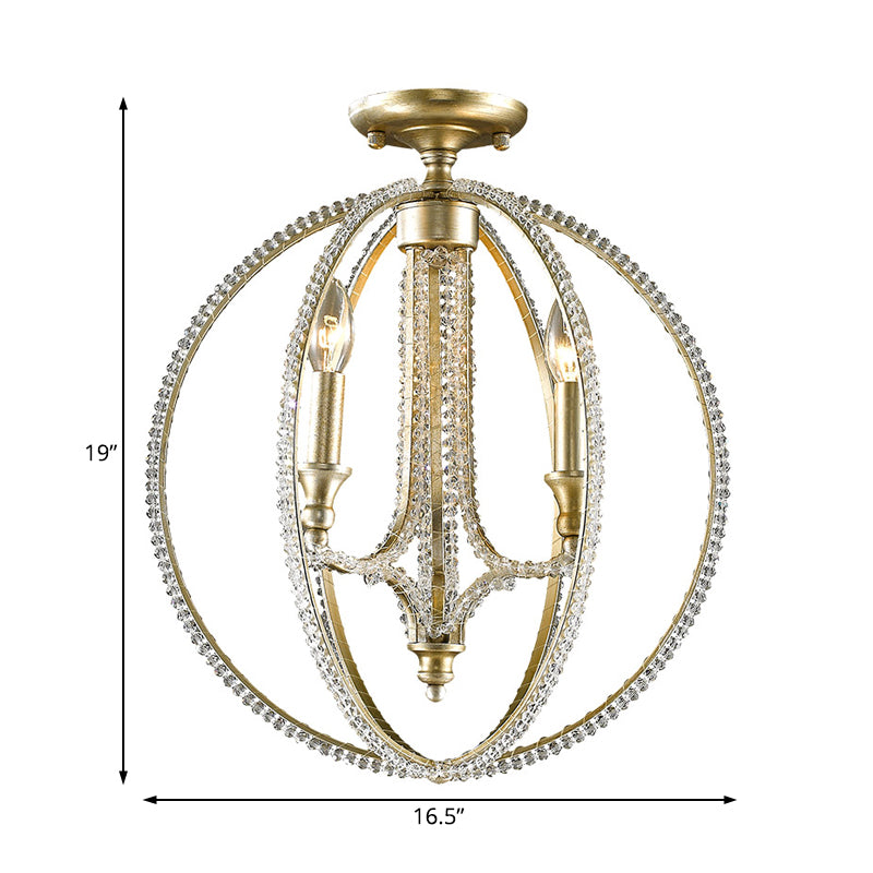 Orb Metal Semi Flush Mount Leichte rustikale 3 Leuchten Esszimmer Deckenleuchte mit Kristallakzent im Messing