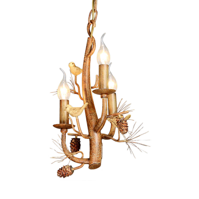 Candle Dining Room Ceiling Chandelier Rustic Metal 3/5 Lights Wood Hanging Fixture with Branch and Birds
