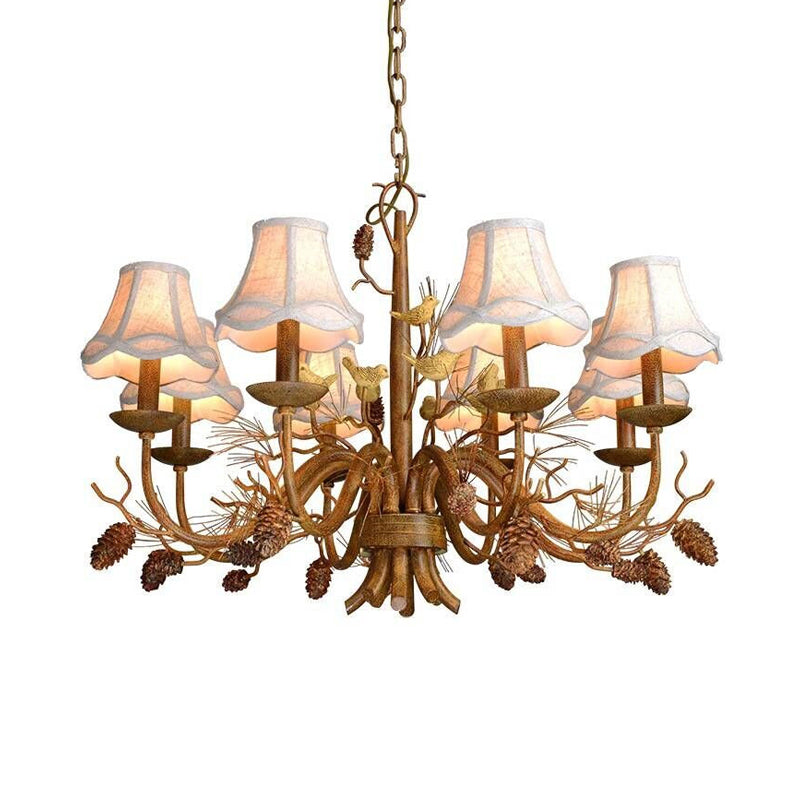 Brown Scalloped Pendant Lighting Rustic Metal 8 Lights Living Room Chandelier with White Fabric Shade and Pinecone