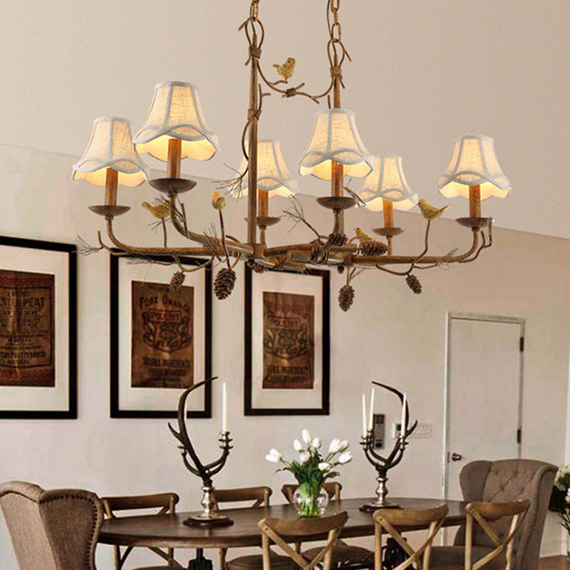 Metal Bell Shade Hanging Chandelier Country 6 Lights Living Room Pendant Light in Brown with Linear Canopy