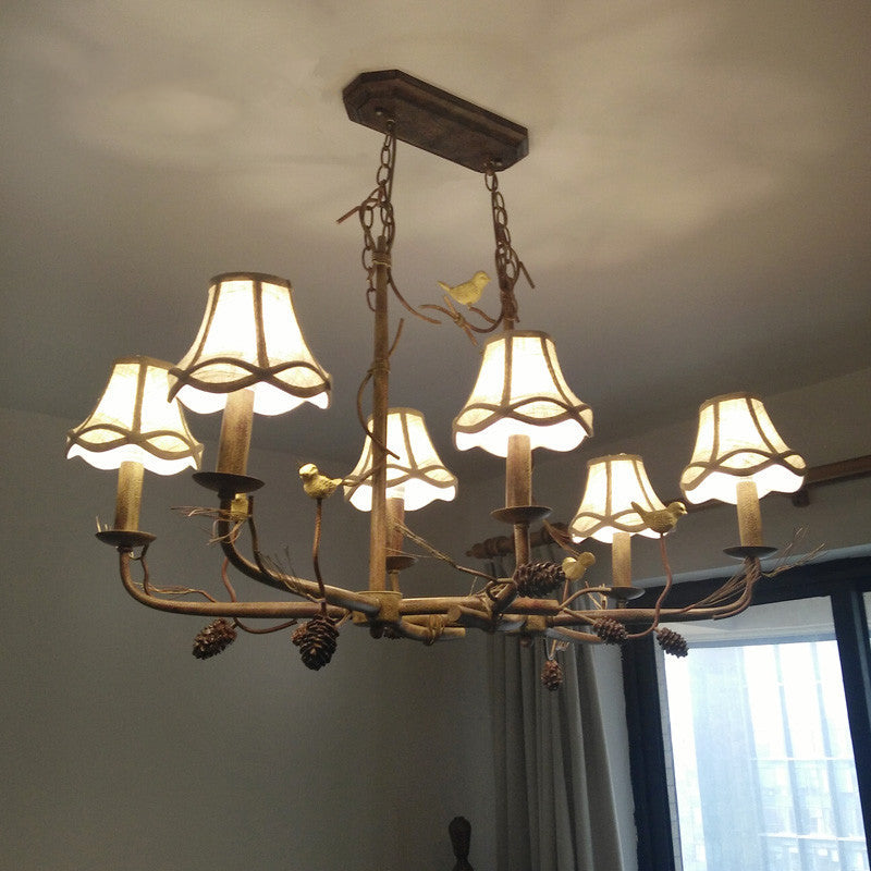 Metal Bell Shade Hanging Chandelier Country 6 Lights Living Room Pendant Light in Brown with Linear Canopy