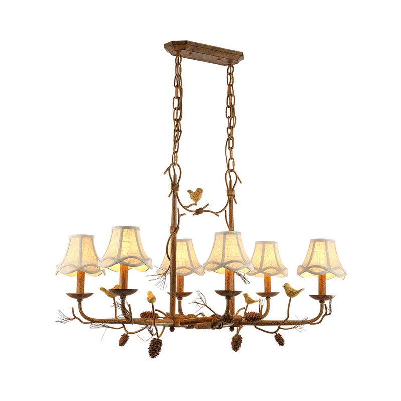 Metal Bell Shade Hanging Chandelier Country 6 Lights Living Room Pendant Light in Brown with Linear Canopy