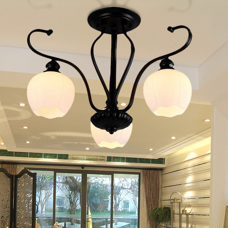 Flower Shape Living Room Semi Flush Light Classic White Glass 3/6/8 Lights Black Ceiling Lighting