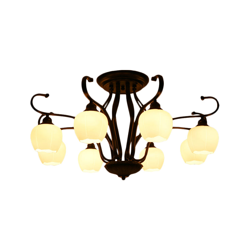 Flower Shape Living Room Semi Flush Light Classic White Glass 3/6/8 Lights Black Ceiling Lighting
